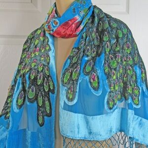 VTG Panne Silk Scarf Beaded Crushed Velvet Shawl Peacock Turquoise Floral Wrap